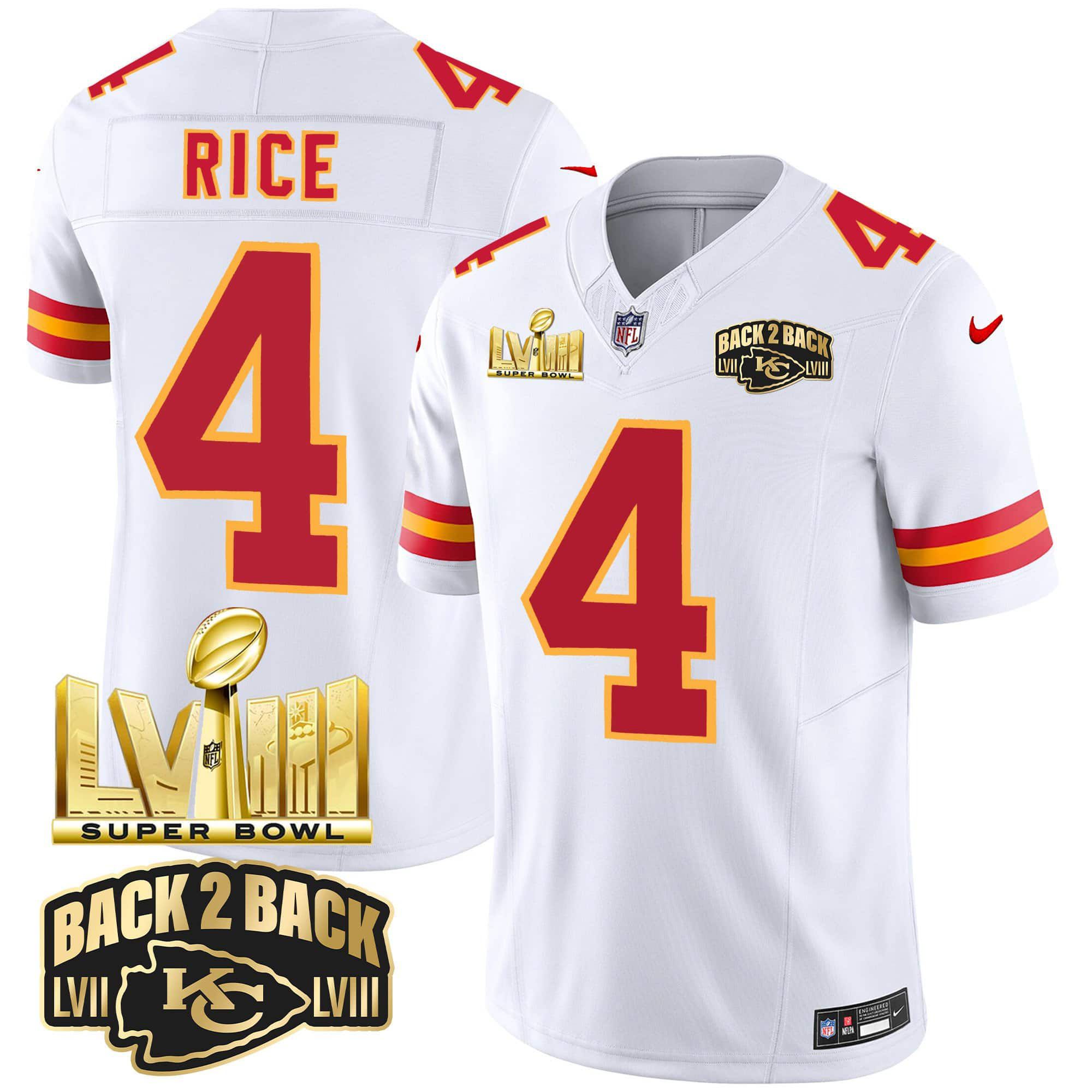 Men Kansas City Chiefs #4 Rice White 2024 Nike Super Bowl LVIII & Back-2-Back Gold Patch Vapor NFL Jersey